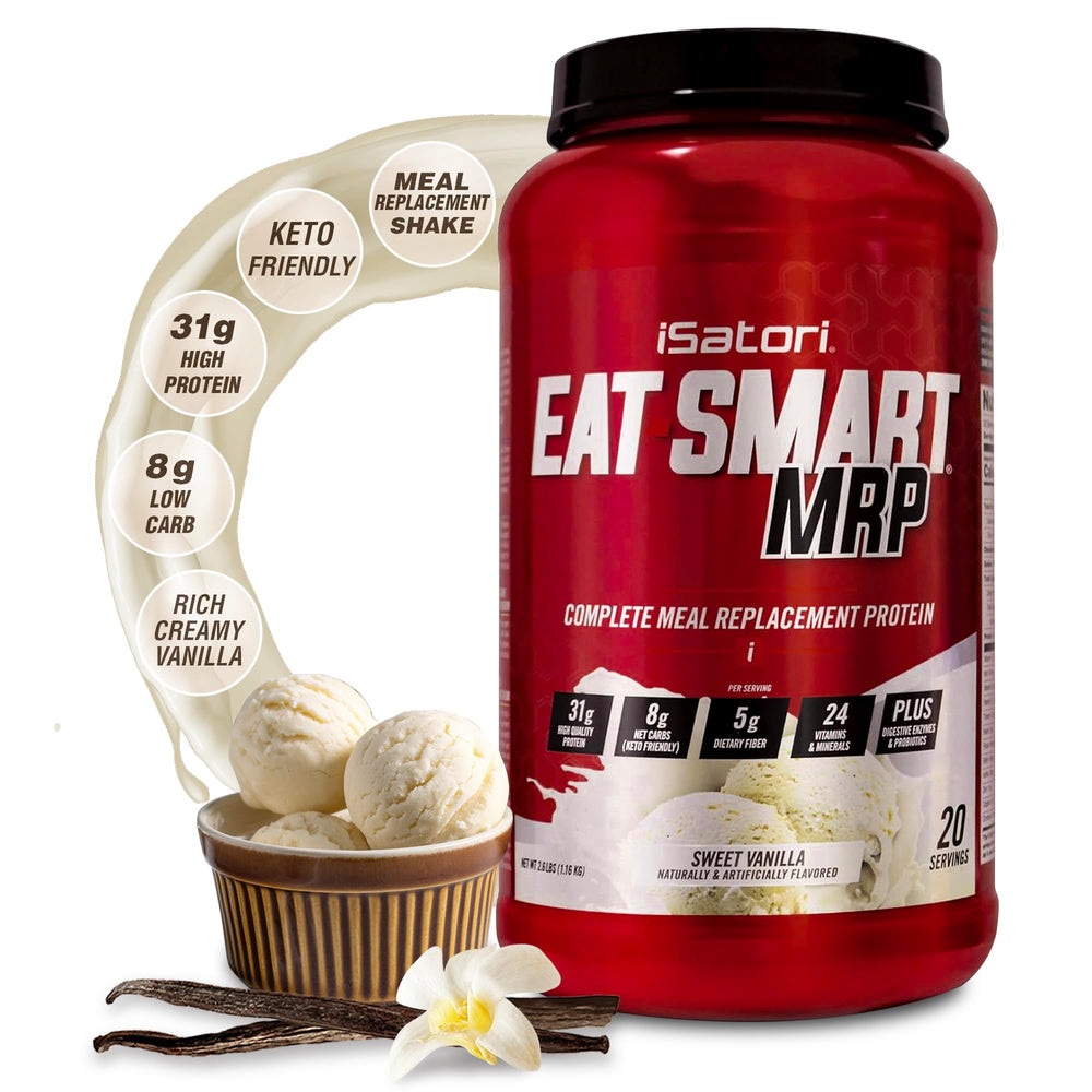 iSatori Eat Smart MRP vanilla shake poured for convenient meal replacement