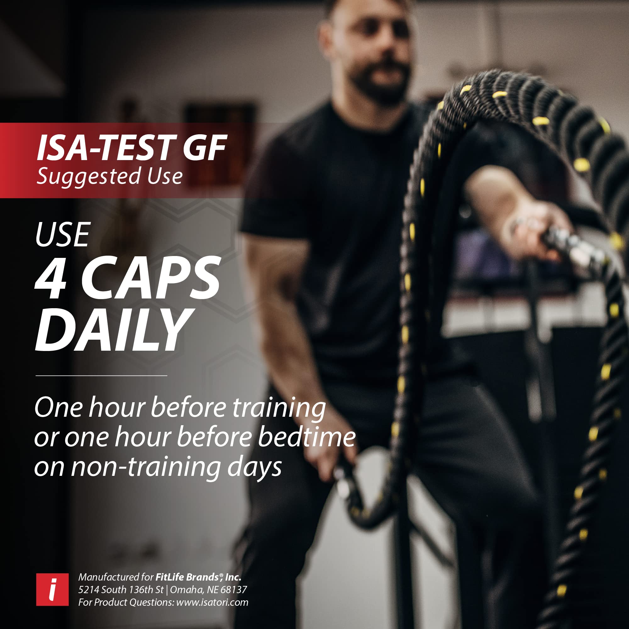 Stacked iSatori ISA-Test GF bottles in gym setting