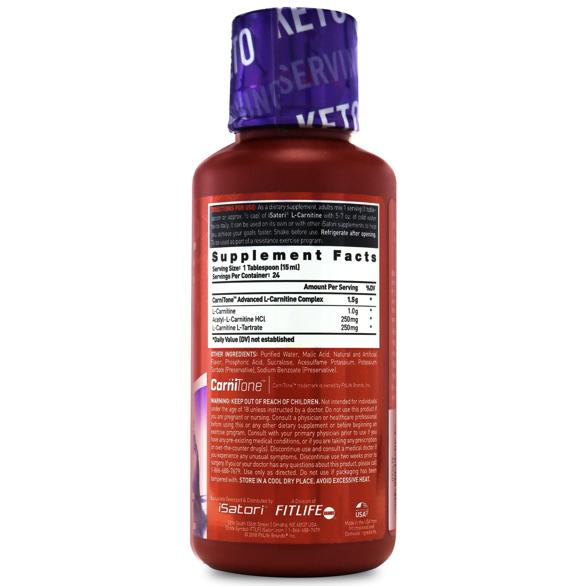 iSatori L-Carnitine 1500 bottle pour illustrates a 1 tablespoon serving for energy and focus.