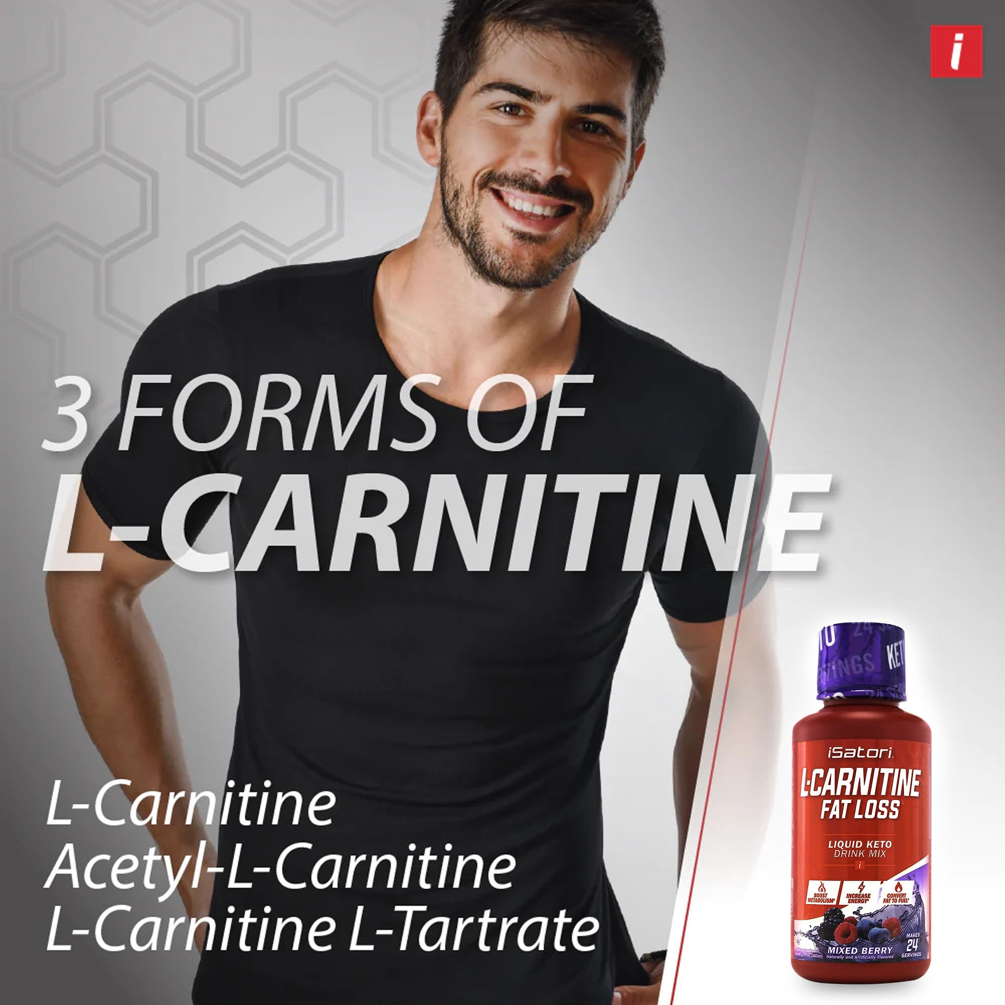 iSatori L-Carnitine 1500 glass with straw showcases Mixed Berry flavor for tasty workouts.