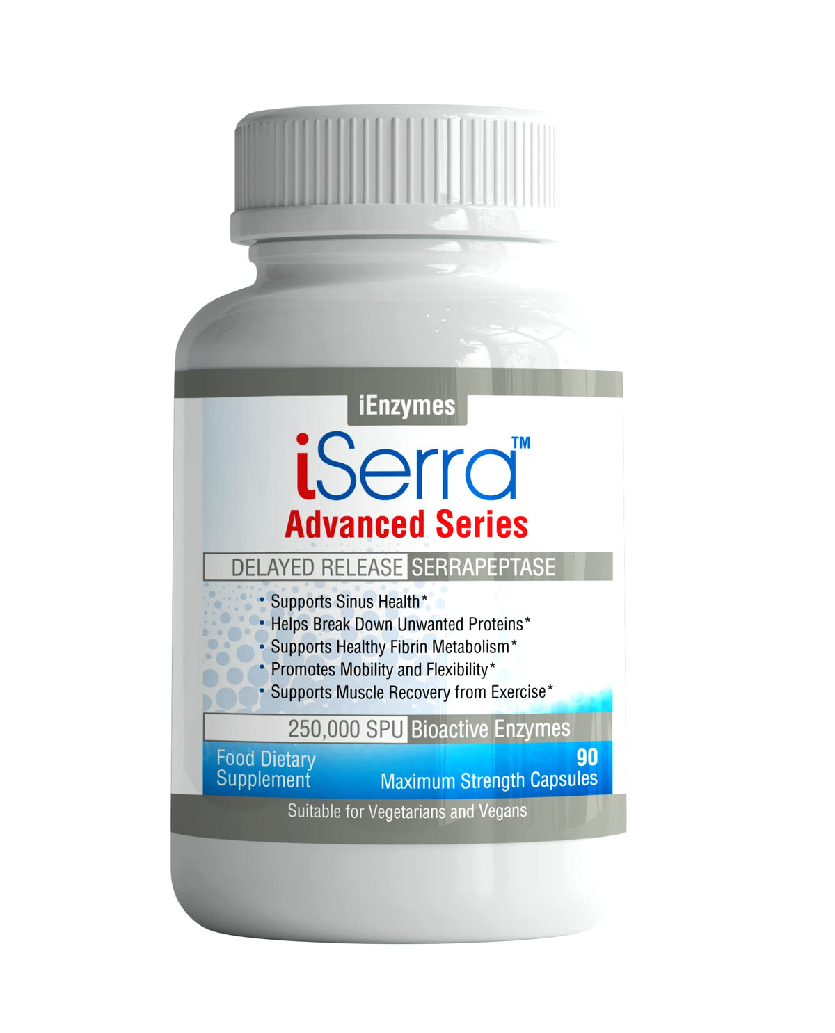 iSerra 250,000 SPU Serrapeptase capsules bottle with 90-count delayed-release formula