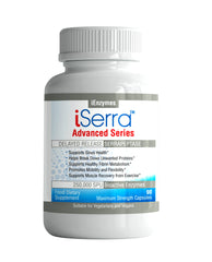 iSerra 250,000 SPU Serrapeptase capsules bottle with 90-count delayed-release formula