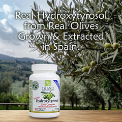 Close-up of Island Nutrition Hydroxytyrosol Complex bottle