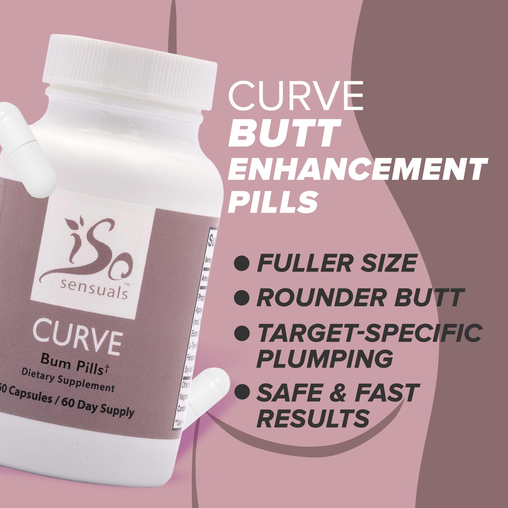 Boxed IsoSensuals Curve Butt Pills packaging beside bottle