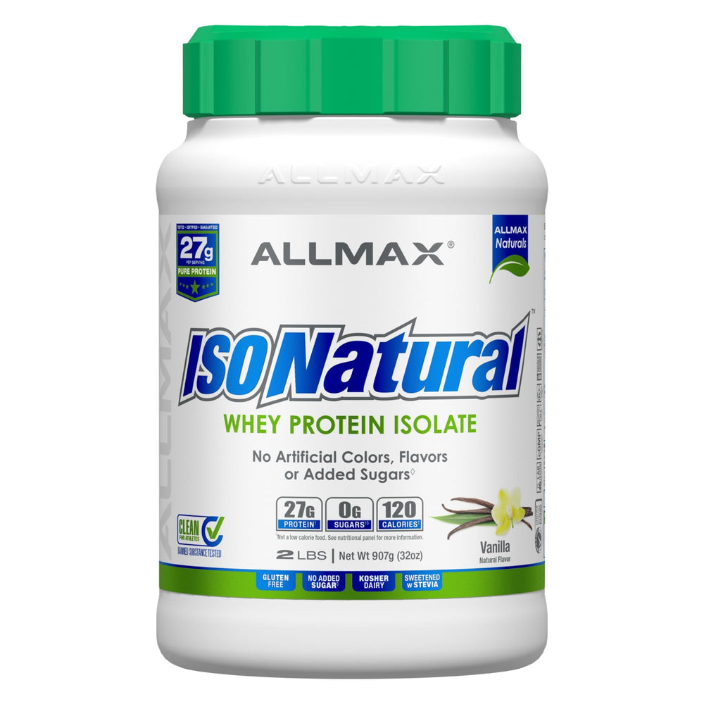 Front label of Tombow ALLMAX ISONATURAL Vanilla Whey Protein Isolate 2lb