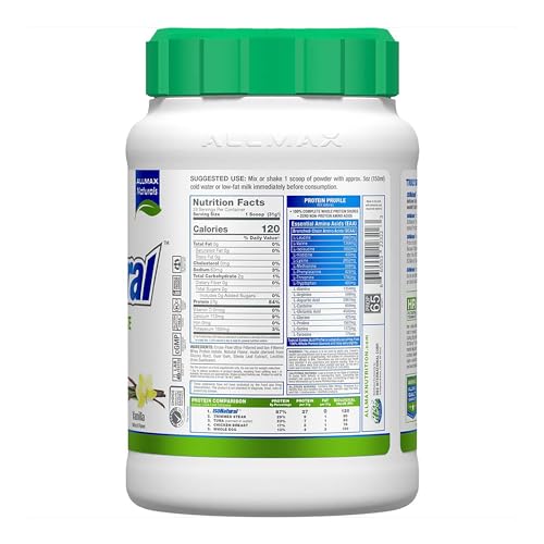 Nutrition facts panel on ISONATURAL Vanilla Whey Protein Isolate