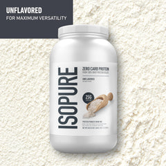 Close-up of Isopure 100% whey protein isolate ingredients and nutrition facts