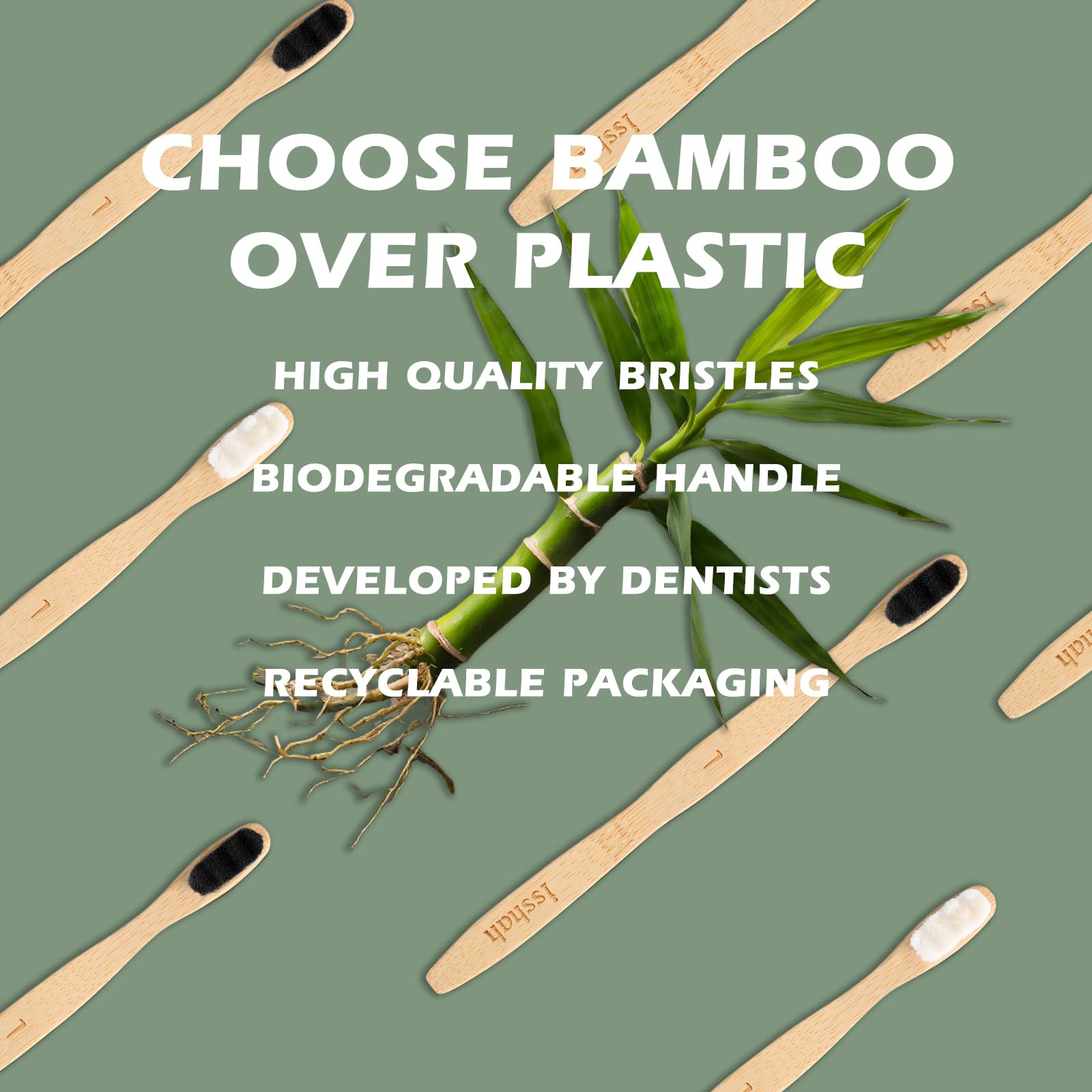 Biodegradable packaging and bamboo toothbrush on white background