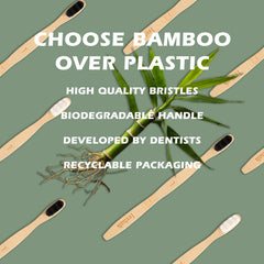 Biodegradable packaging and bamboo toothbrush on white background