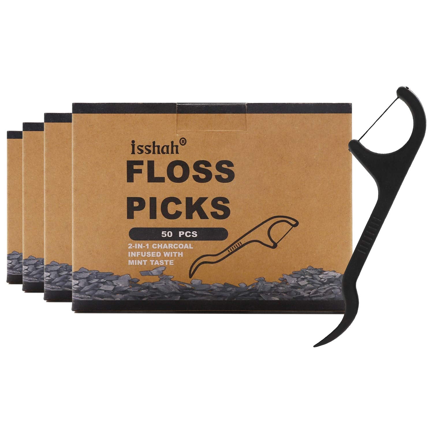 Isshah charcoal dental floss picks in eco friendly packaging