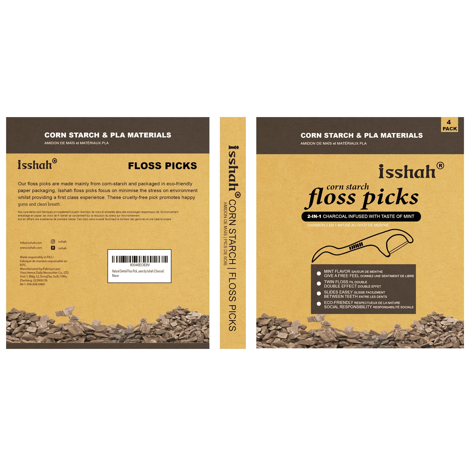 Charcoal flavor Isshah dental floss picks with packaging