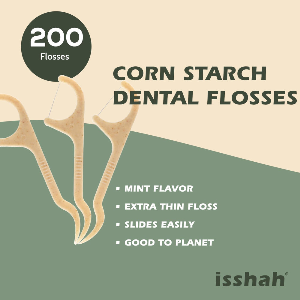 Close-up of Isshah natural dental floss picks mint flavor