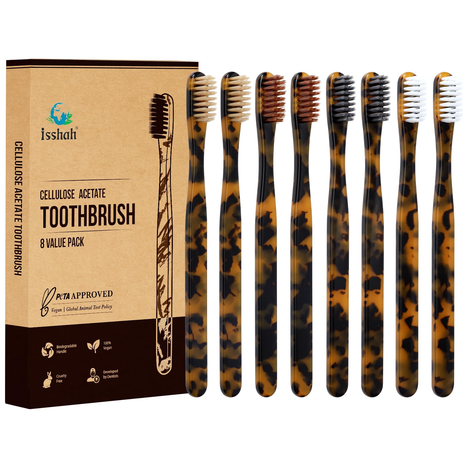 Isshah biodegradable eco-friendly cellulose acetate toothbrushes 8-count packaging