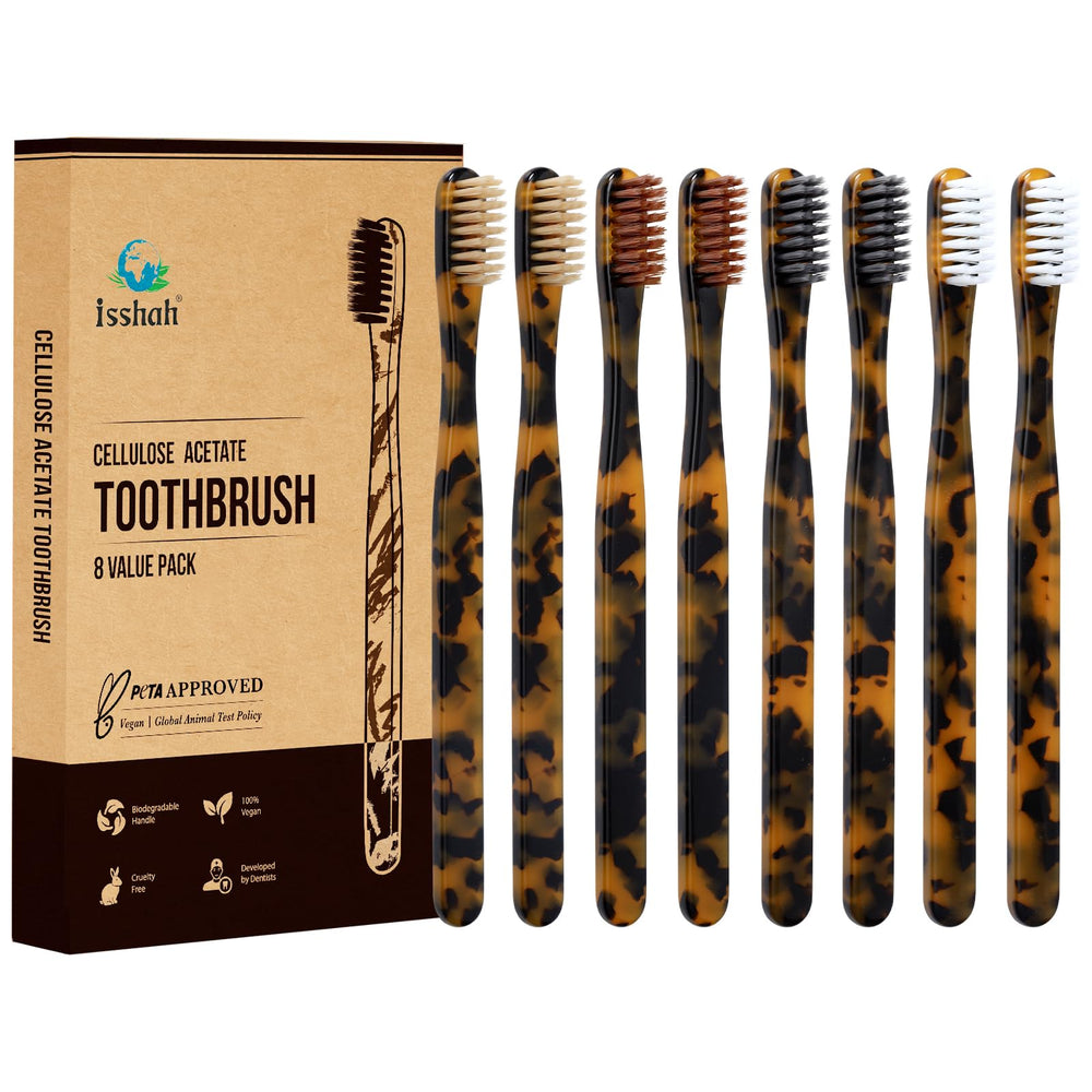 Isshah biodegradable eco-friendly cellulose acetate toothbrushes 8-count packaging