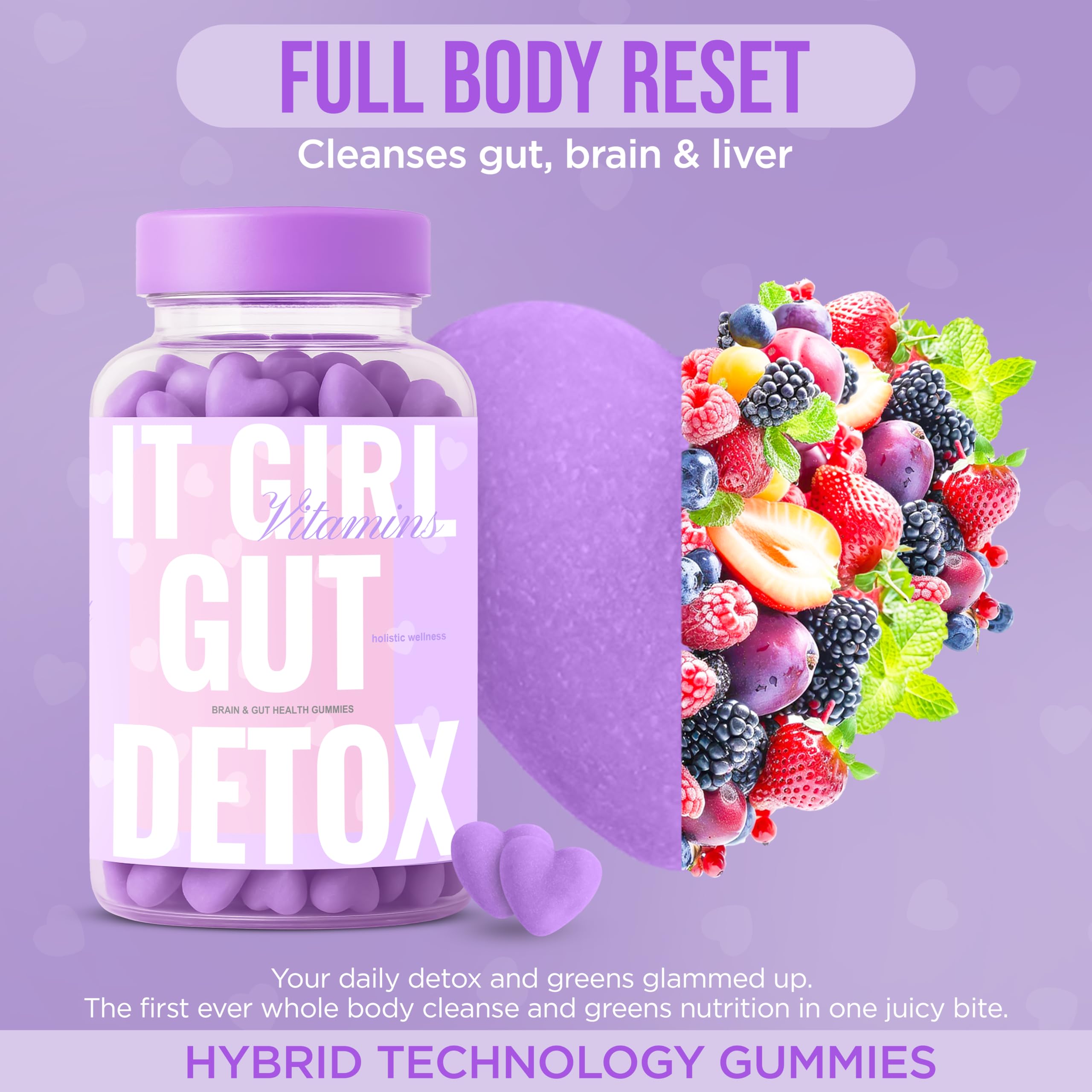 It Girl Gut Detox gummies-closeup highlights tasty wild berry flavor and mood support.