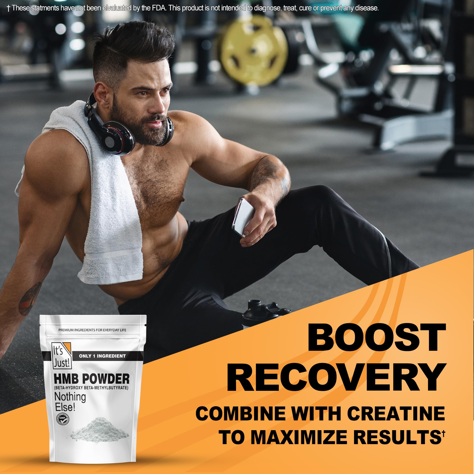 Gluten-free batch-tested badge on It's Just! HMB Powder 250g