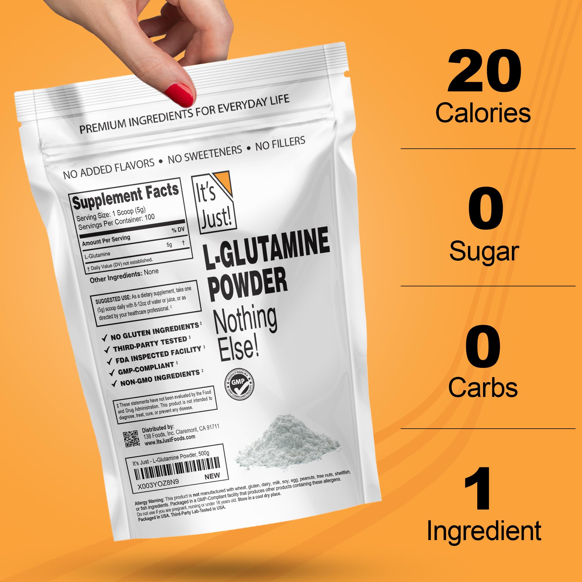 Unflavored L-Glutamine powder with serving scoop