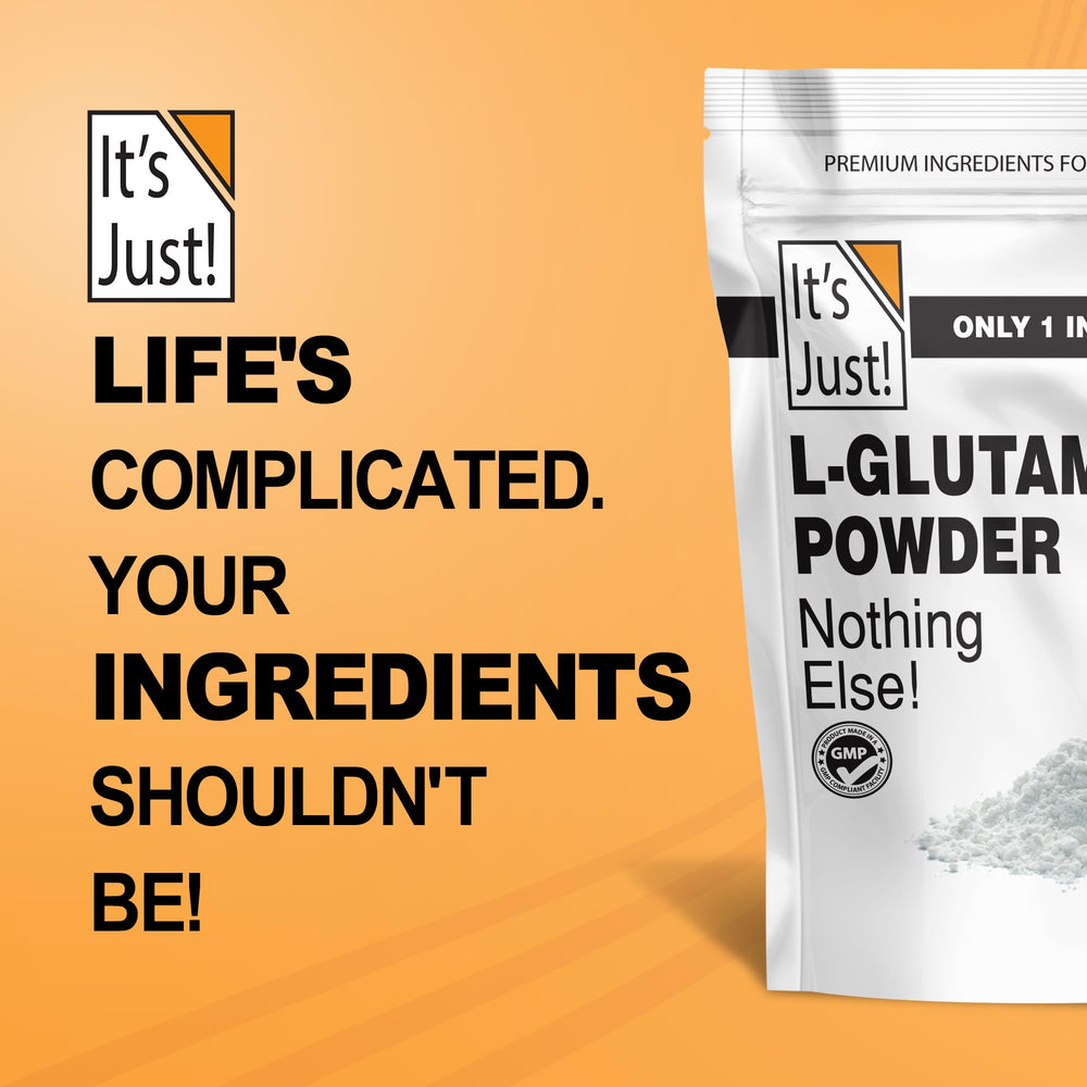 Box and bottle packaging of It's Just! L-Glutamine Powder