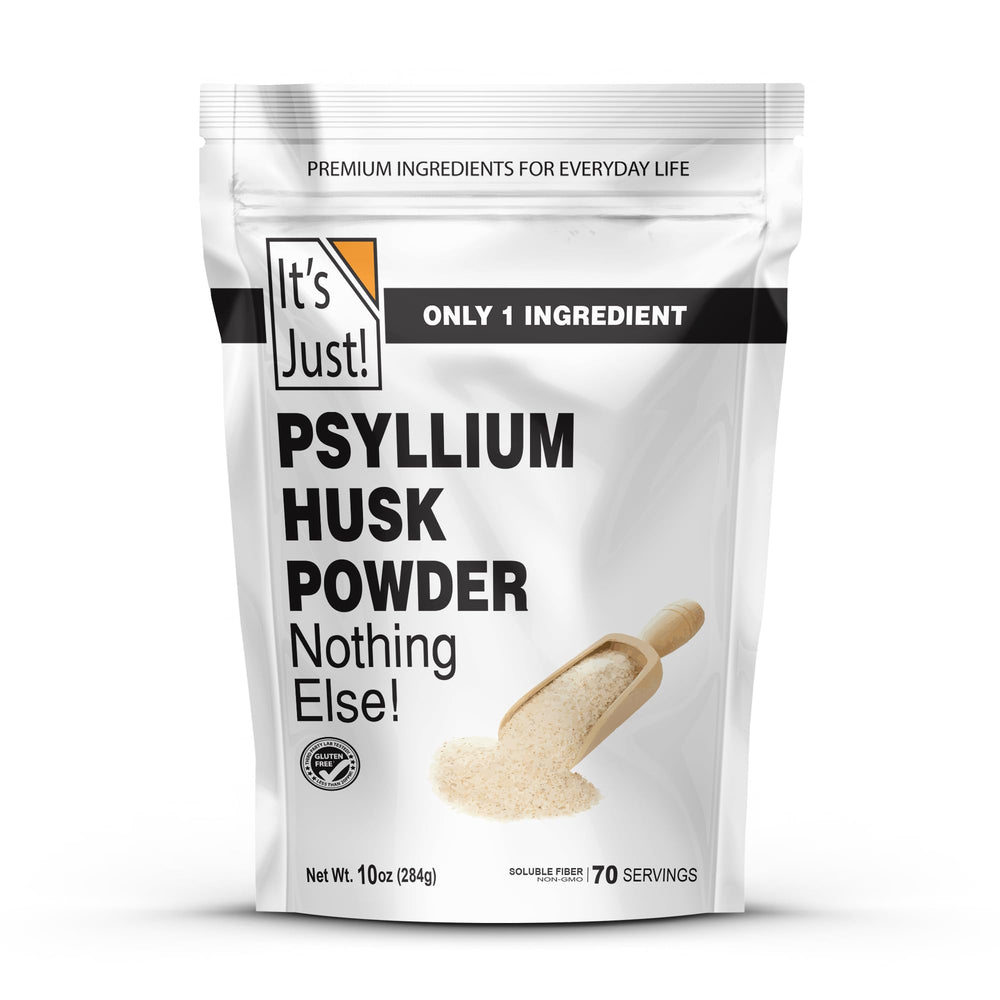 It's Just! psyllium husk powder bottle showing easy mixing fiber for keto baking