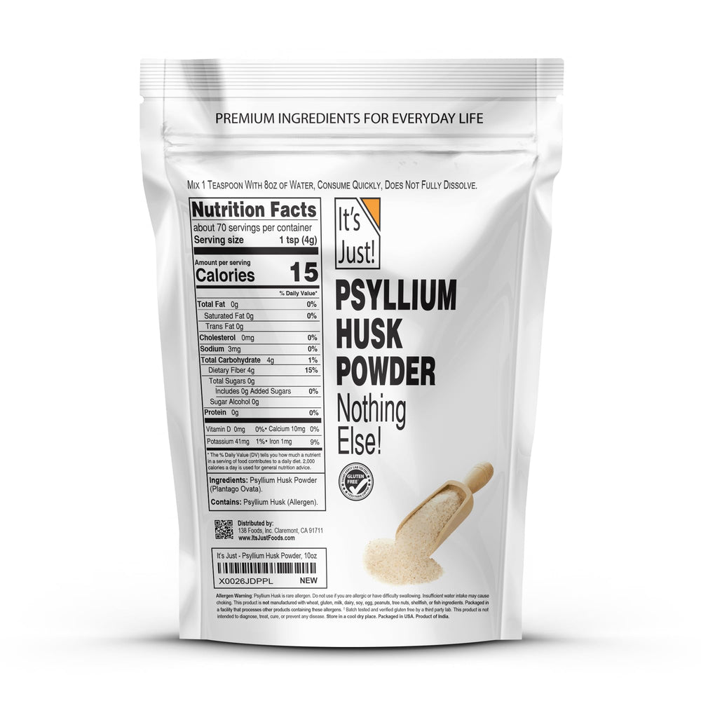 It's Just! psyllium husk powder pour highlighting quick hydration and smooth texture in beverages