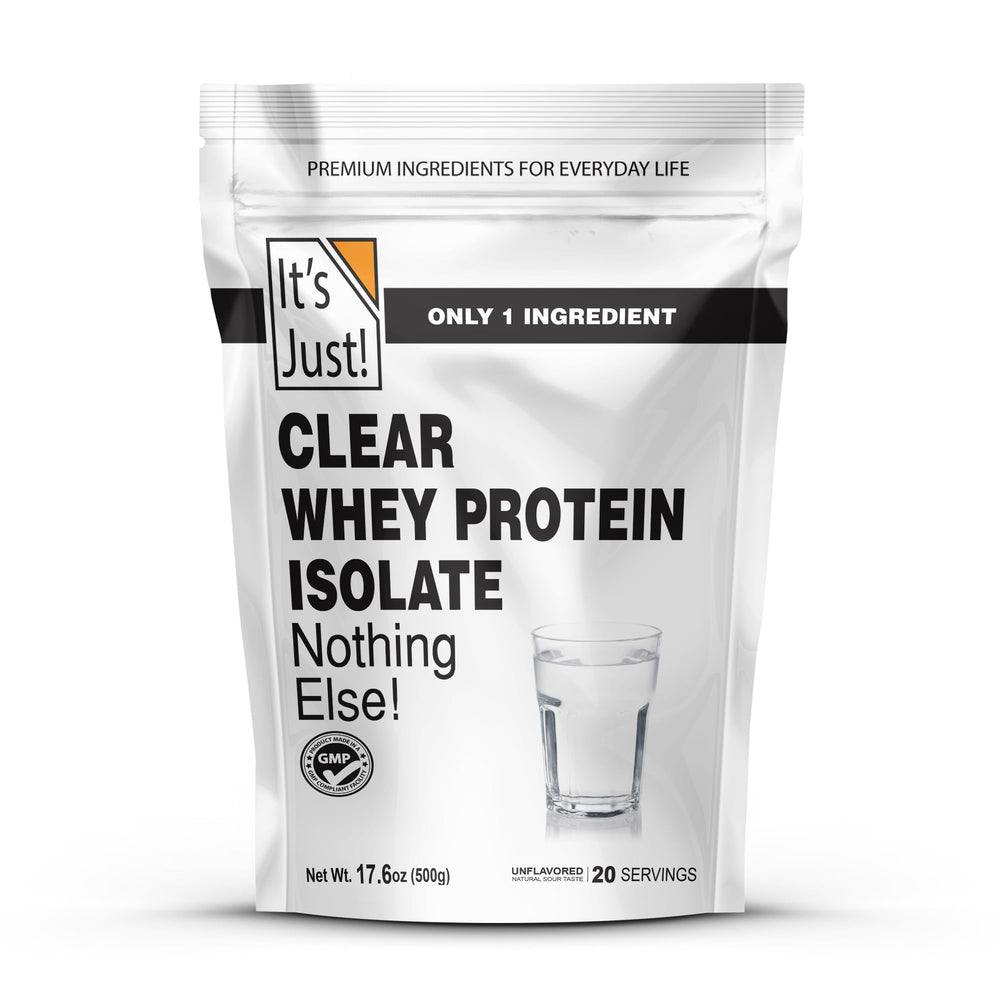 It's Just! Clear Whey Isolate bottle front highlights unflavored protein for versatile use.