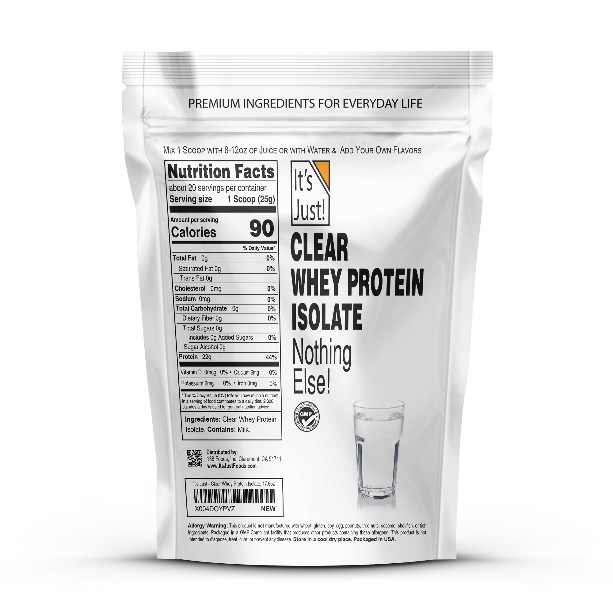 It's Just! Clear Whey Isolate label shows WPI-90 purity and gluten-free, non-GMO quality.