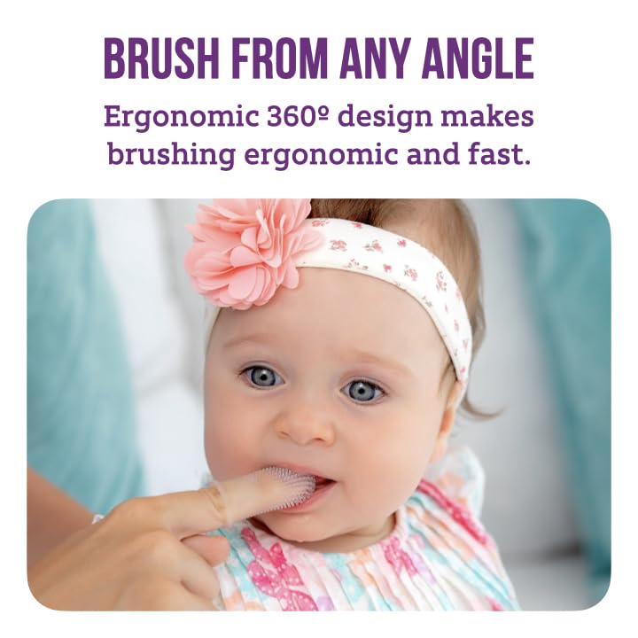 Close-up of ultra-soft bristles on pink finger toothbrush