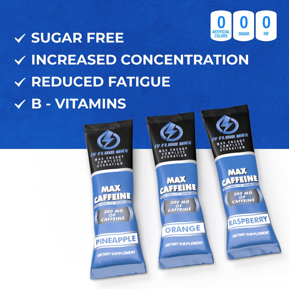 IV FLUID MAX caffeine-boost label indicating energy support for workouts.