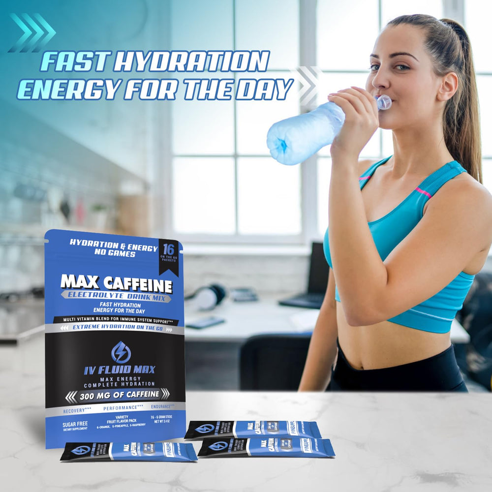 IV FLUID MAX electrolyte balance graphic highlighting hydration and endurance support.