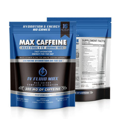 IV FLUID MAX raspberry flavor packet beside a glass of water for easy hydration on the go.