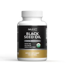 IVL Organic Black Seed Oil bottle and softgels on white
