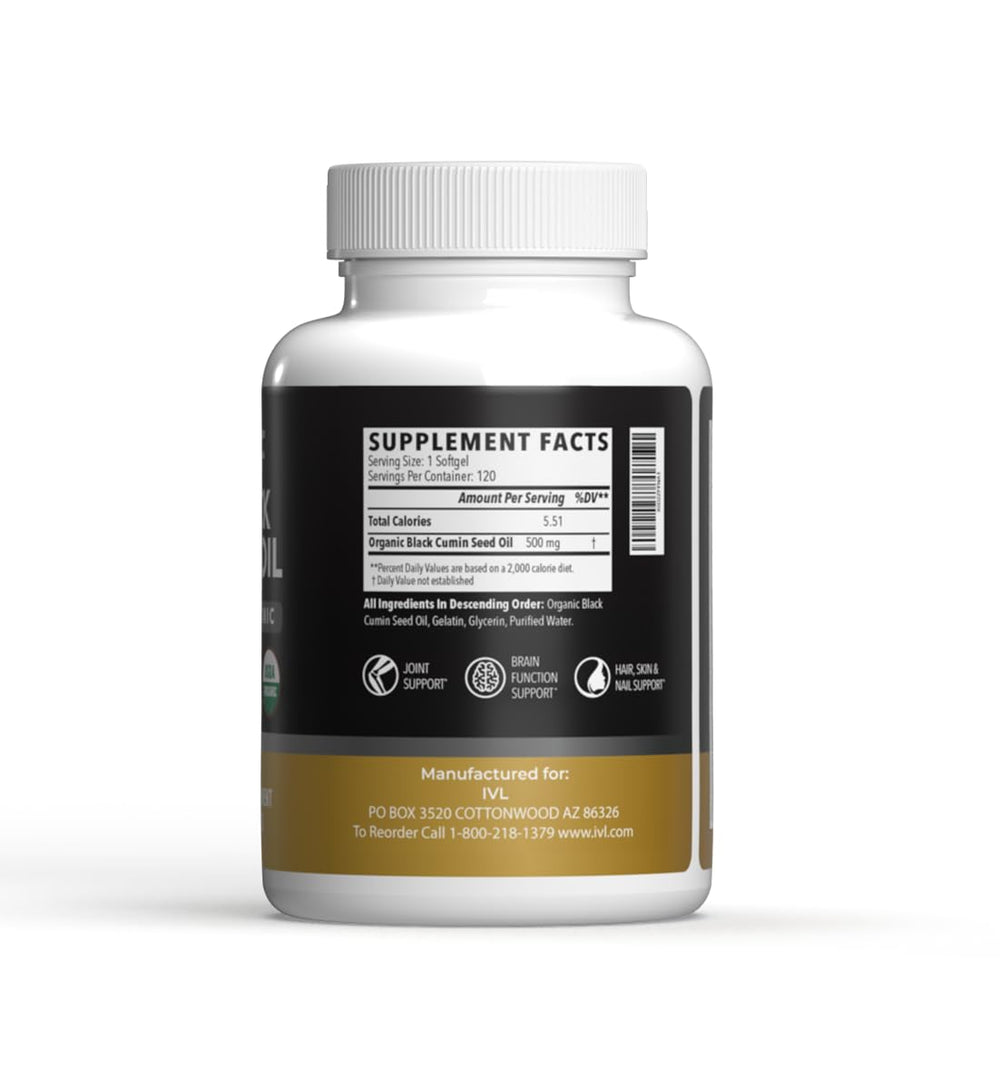 Close-up of IVL Black Seed Oil Organic softgels