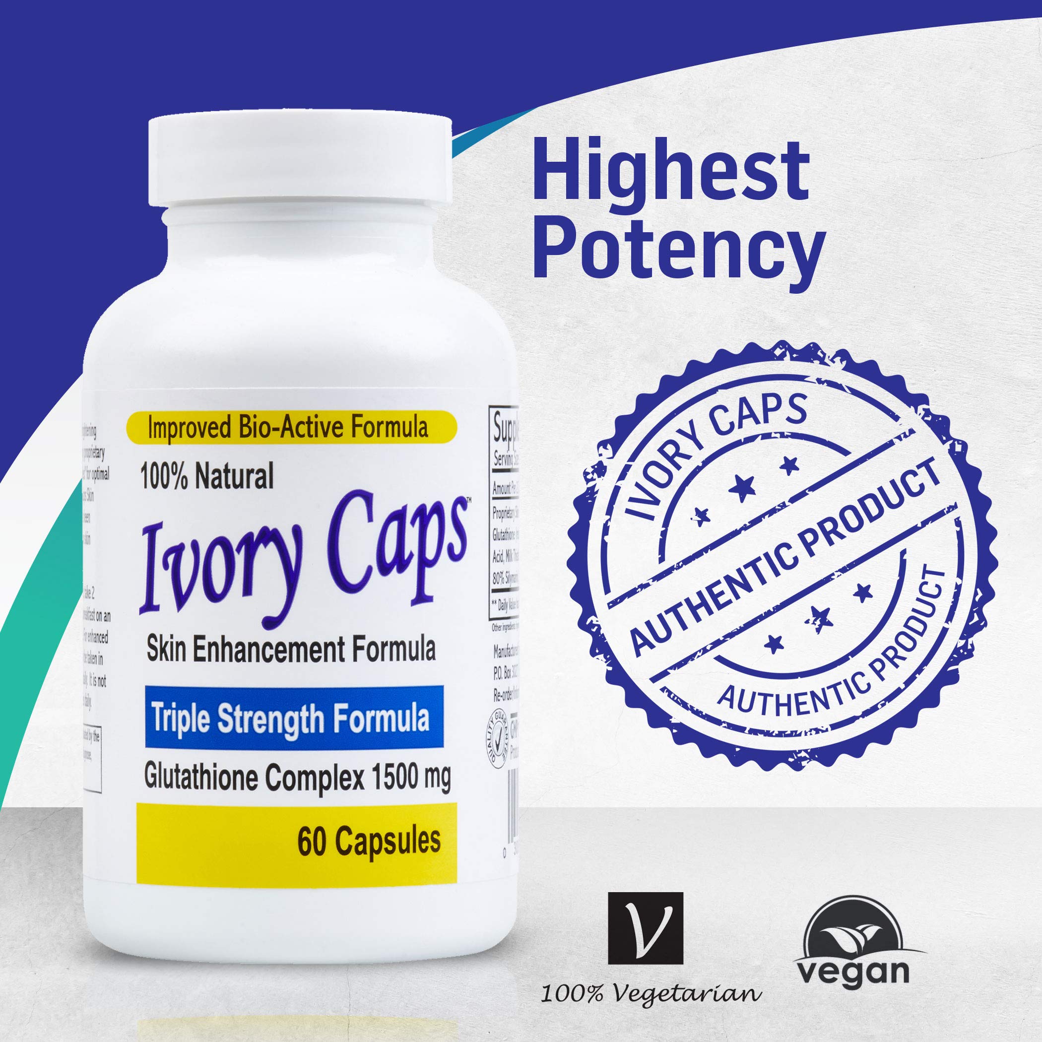 Ivory Caps capsules and glass bottle with label showing 1500 mg Glutathione