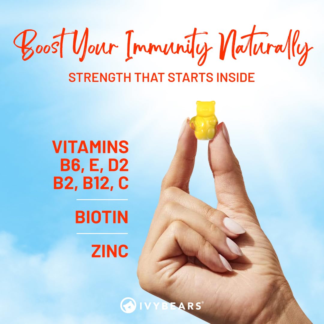 Graphic of vitamins C, D2, B2, B6, B12, E, Biotin and Zinc