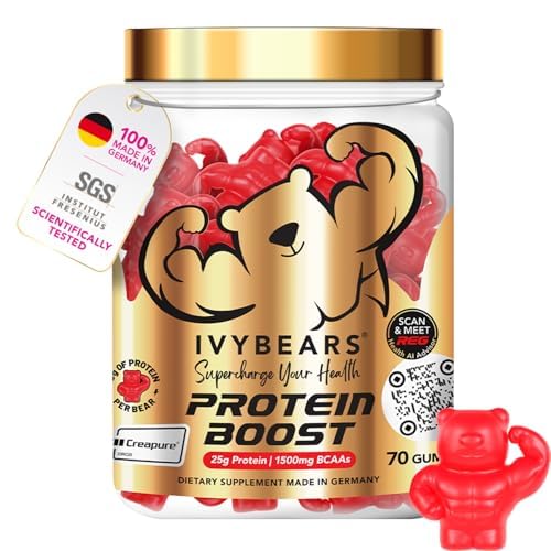 IvyBears Premium Protein Boost Gummies bottle showing a protein-packed workout snack.