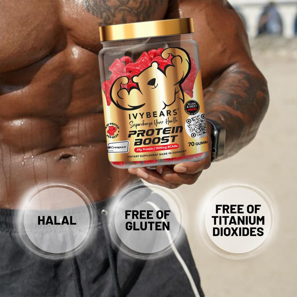 IvyBears Premium Protein Boost Gummies close-up chews highlighting chewy texture for daily protein.