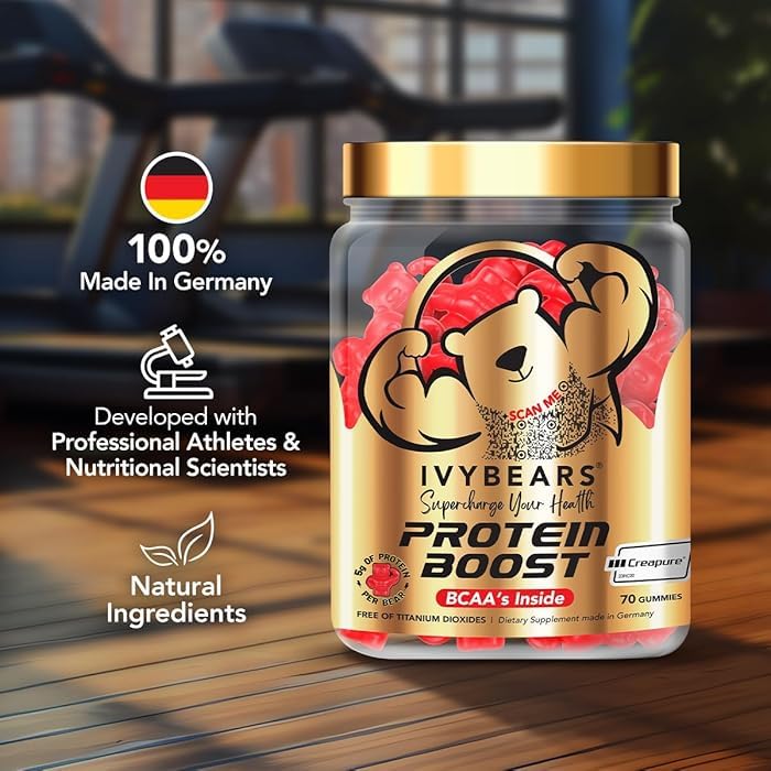 IvyBears Premium Protein Boost Gummies ingredients panel featuring BCAA, creatine, and collagen.