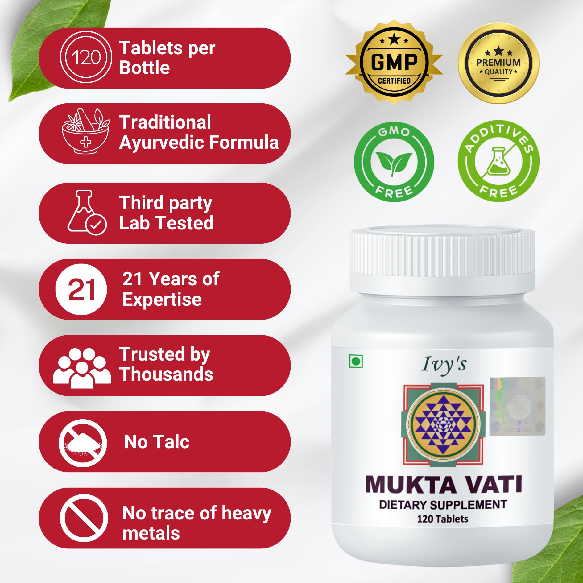 Nutrition and dosage details on Ivy's Mukta Vati packaging