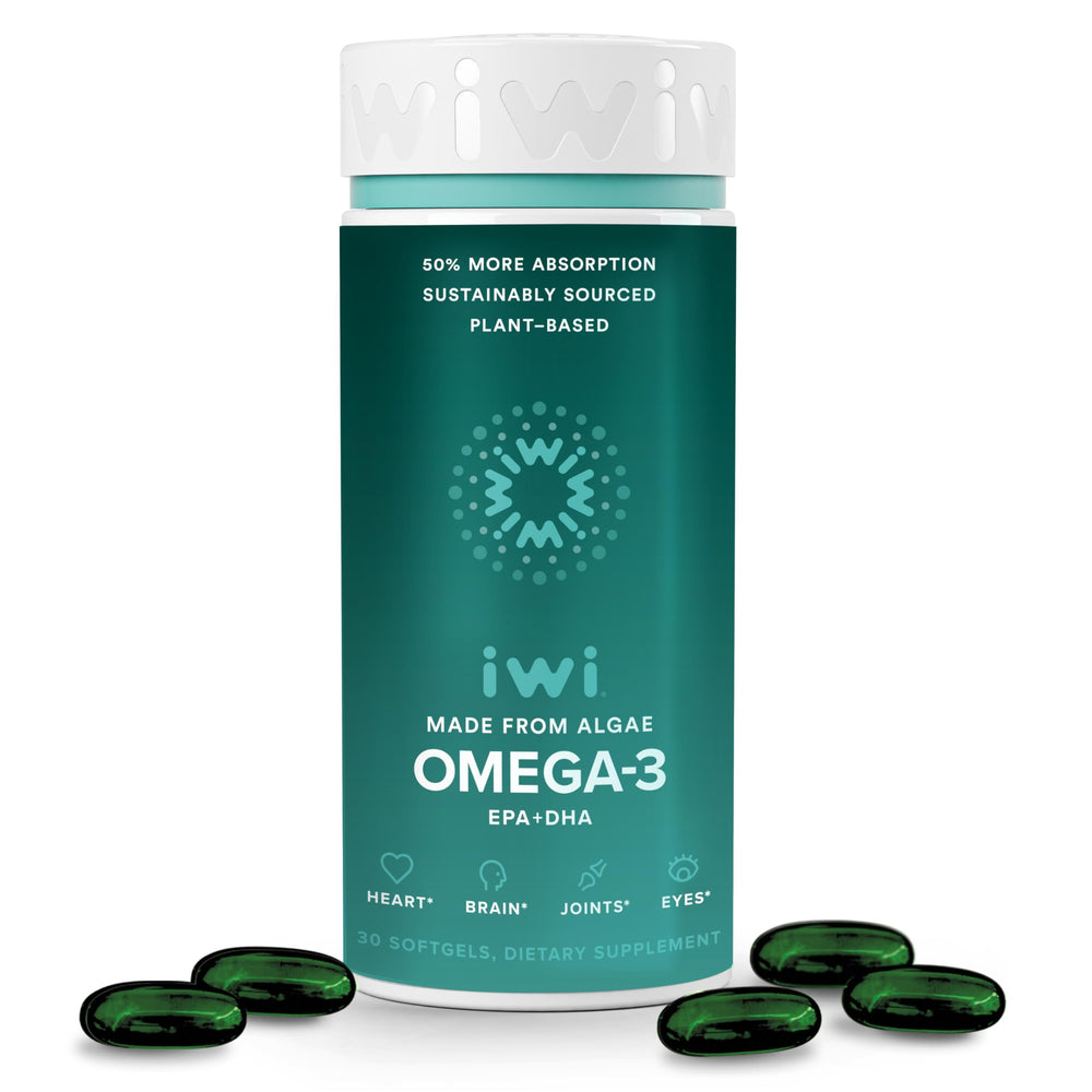 Iwi Omega-3 bottle with 30 vegan algae omega-3 softgels