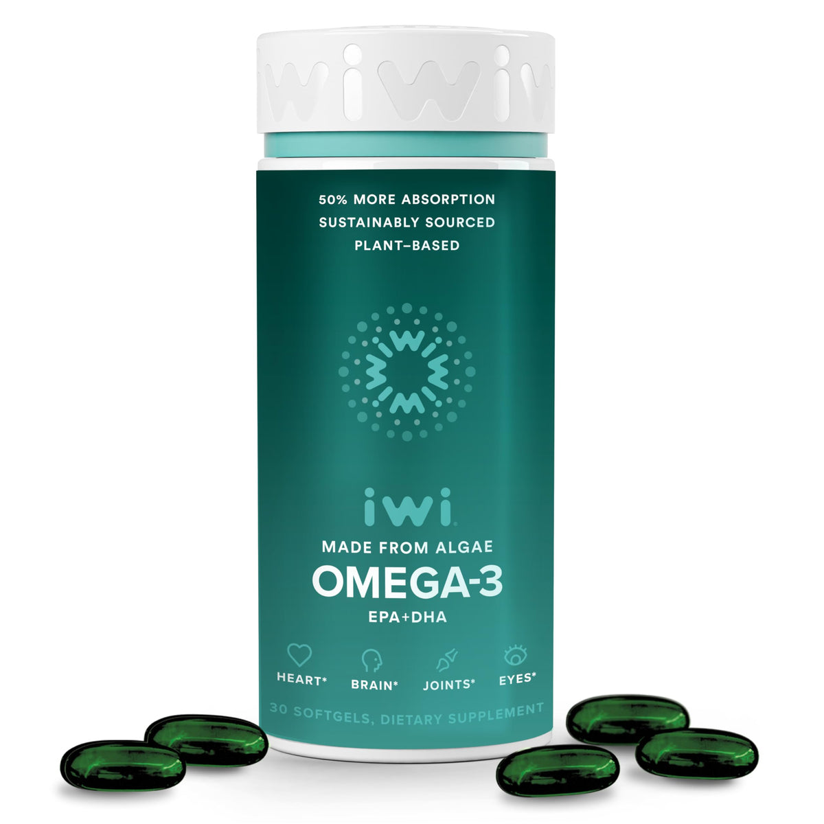 Iwi Omega-3 bottle with 30 vegan algae omega-3 softgels