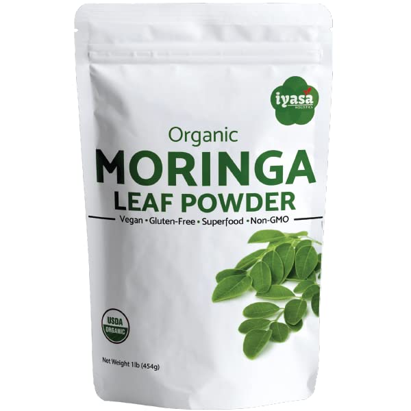 Iyasa Holistics Organic Moringa Leaf Powder front view in resealable pouch