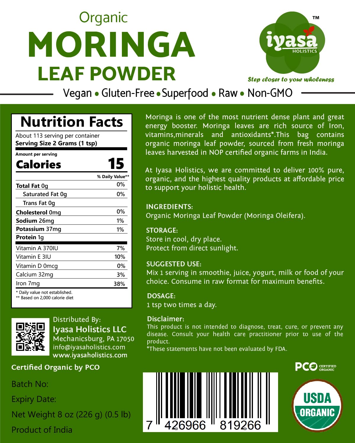 Packaging of Iyasa Moringa Leaf Powder 16 oz resealable pouch