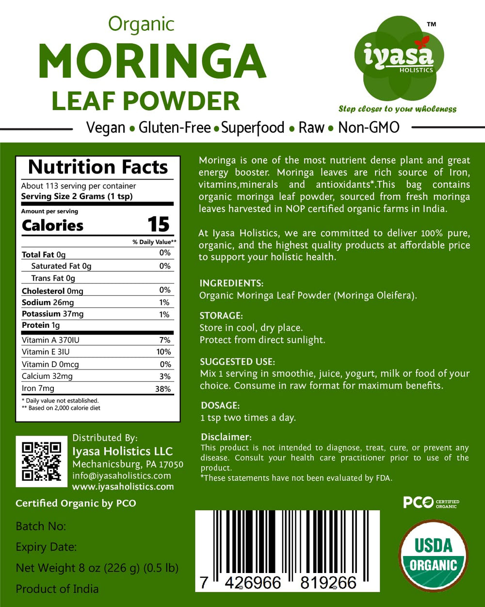 Packaging of Iyasa Moringa Leaf Powder 16 oz resealable pouch