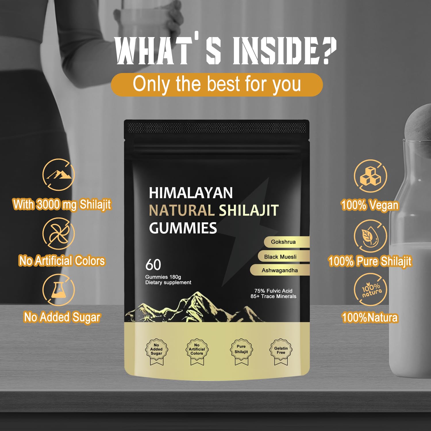 Gummies on a natural stone background with Ashwagandha and Gokshura