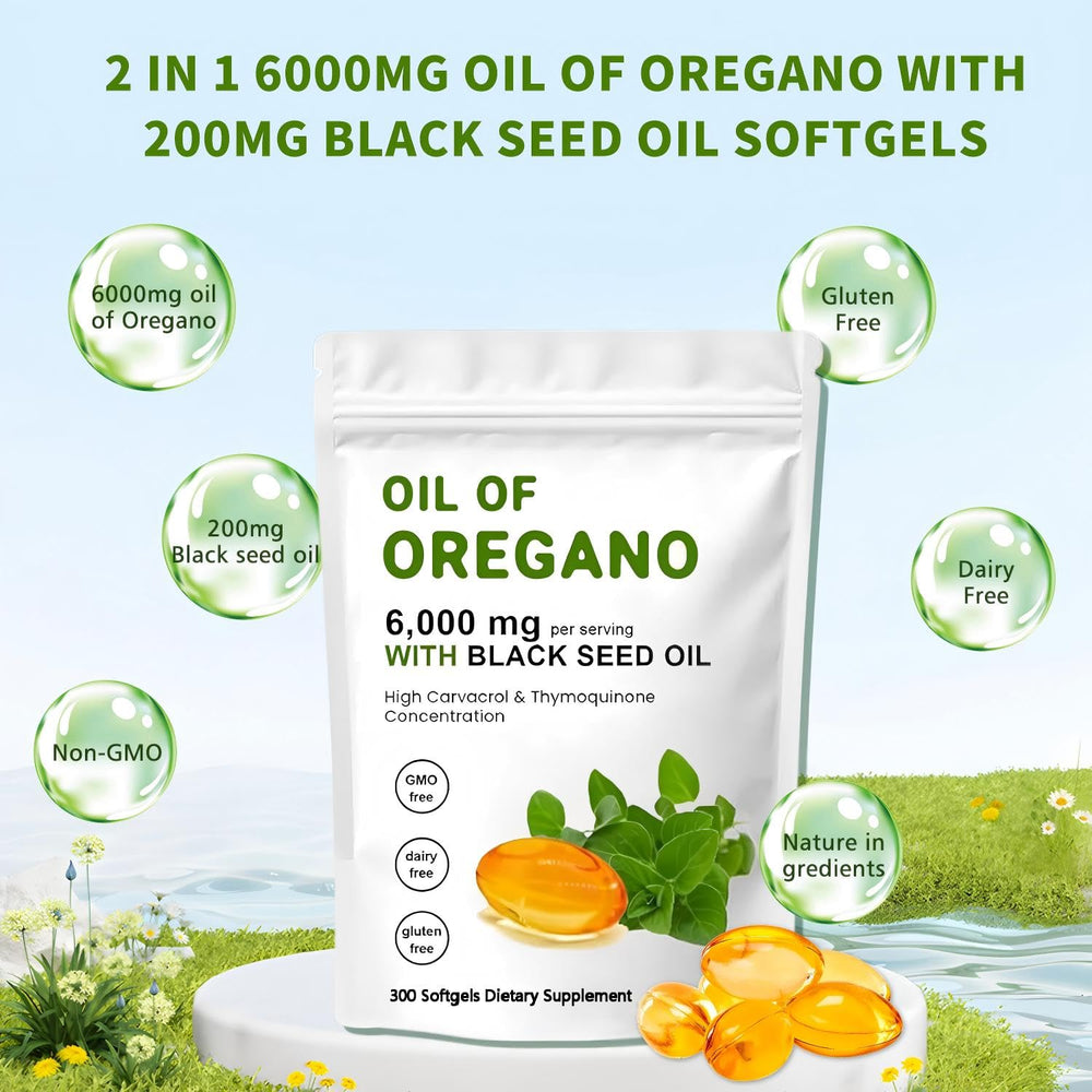 Non-GMO label on J-PRQ oregano oil supplement packaging