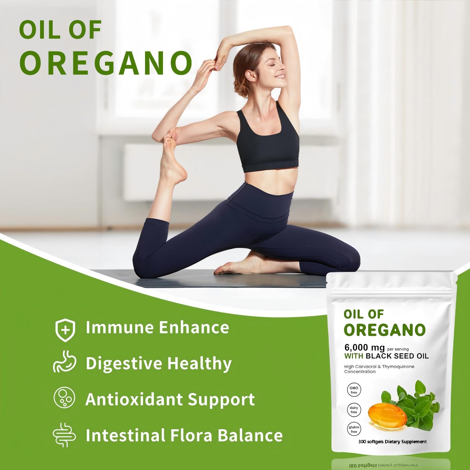 Oregano leaves and black seed oil illustration