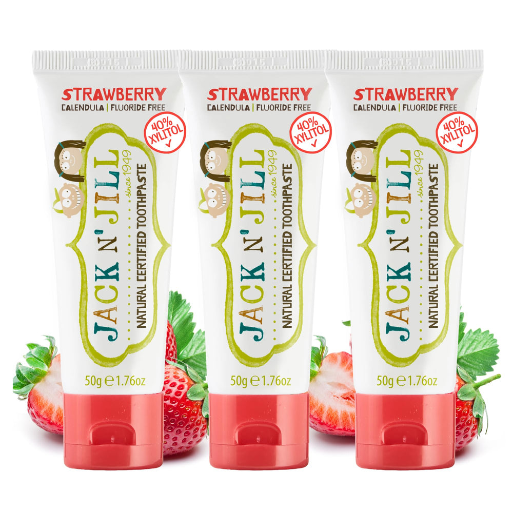 Jack N' Jill Natural Toddler Toothpaste Strawberry flavor – pack of 3 tubes (front view)