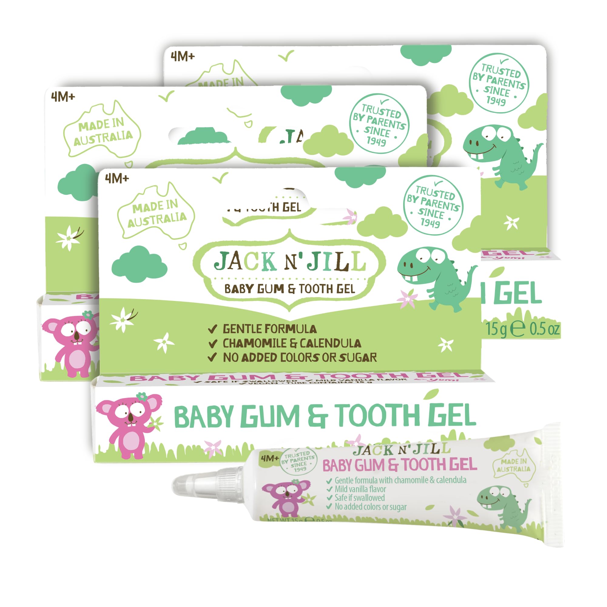 Jack N' Jill Baby Gum & Tooth Gel tube showing vanilla flavor