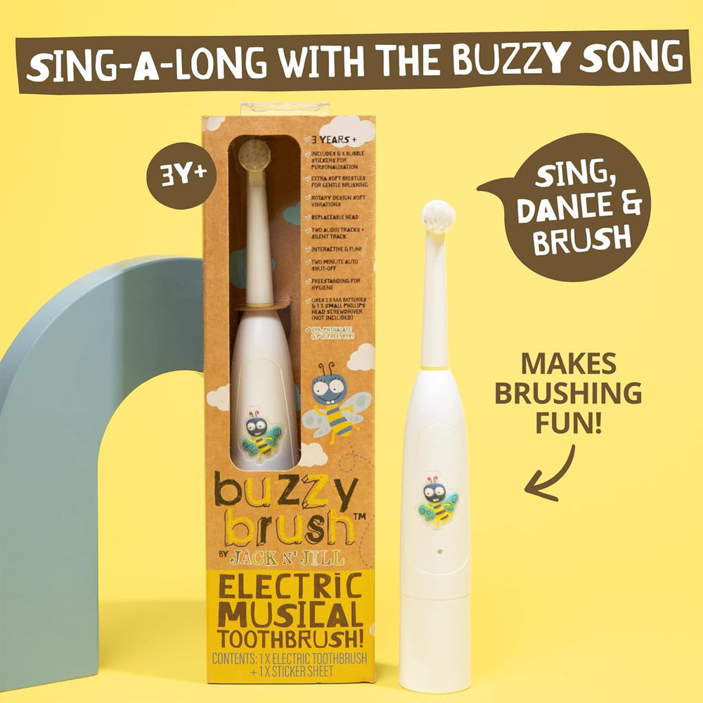 Close-up of tri-color LED lights on Buzzy Brush showing blue, white, and yellow