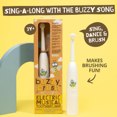 Close-up of tri-color LED lights on Buzzy Brush showing blue, white, and yellow